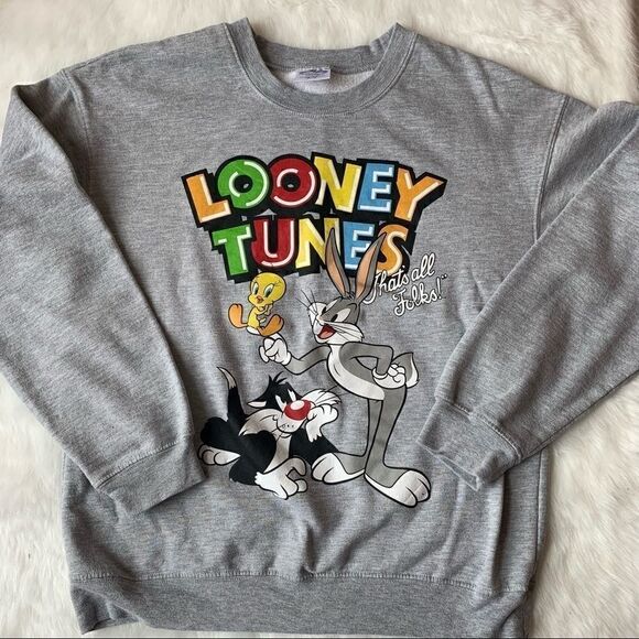 Looney Tunes Crewneck Sweatshirt Gray Bugs Tweety Sylvester Juniors Size Large - Picture 1 of 4